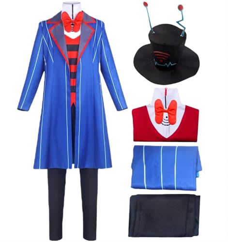 HSJZBQSM Vox Hazbin Hotel Cosplay Kostüm Schwarzer Zylinder Blau Gestreifter Mantel Set Vox Cosplay Kostüm Halloween Set (Vox, S) von HSJZBQSM