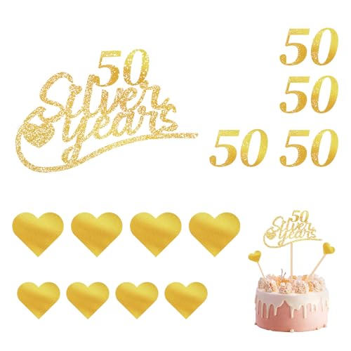 13 Stück 50 Goldhochzeit Caketopper 50 Gold Years Cake Topper Fröhliches Jubiläum Glitzer Herz Kuchen Topper Hochzeitstorte Kuchenstecker Dekoration, Geburtstag für 50 Souvenir Tortendeko (Gold） von HSLPSM