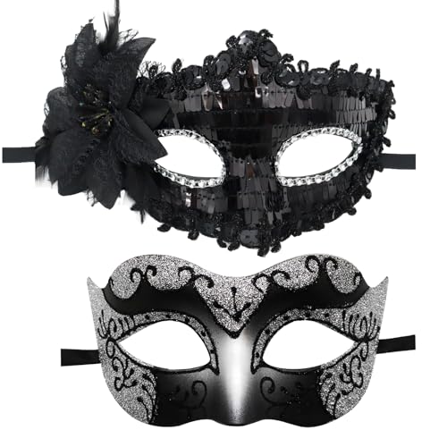 2 Stück Venezianische Maske, Maskenball Damen Herren, Masken KostüM, Venezianische Maske Herren, Schwarz Phantom Der Oper Maske, Maskenball für KostüMball Halloween Karneval Party von HSLPSM