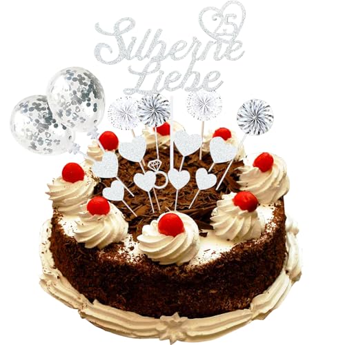 20 Stück Tortendeko Silberhochzeit, Glitzer Silber 25 Hochzeitstag Kuchendeko, 25 Silberne Liebe Cake Topper, Torten Topper Silberhochzeit Geschenke von HSLPSM