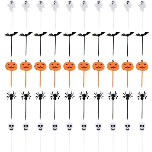 50 Stück Halloween Obstgabel, Cupcake Topper Tortendeko, Halloween Kuchendeko, Wiederverwendbare Kinder Obstgabel, Obstgabel mit Geist, Fledermaus, Kürbis, Spinne, Totenkopf, für Lebensmittel von HSLPSM