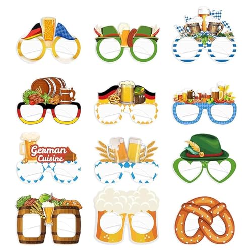 HSLPSM 12 Stück Oktoberfest Accessoires,Oktoberfest Brillen Accessoires,Herren Damen Brillen Dekoration,Gläser mit verschiedenen dekorativen Mustern,Lustige Bayrische Brille von HSLPSM