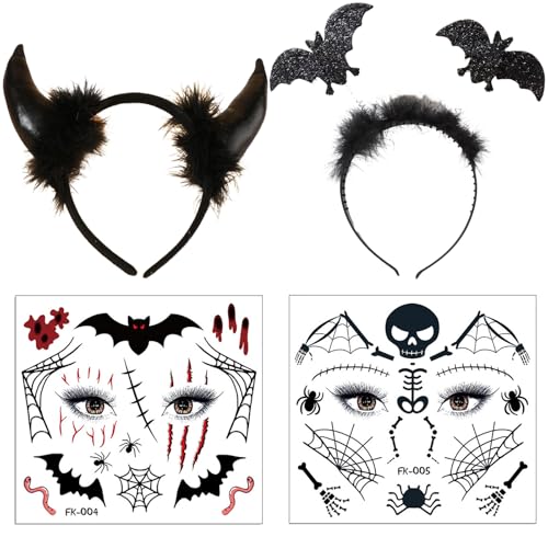 HSLPSM 2 Stück Halloween Haarreif ＆ 2 Stück Halloween Temporäre Tattoo, Gesicht Fledermaus Teufelshörner Haarreifen für Cosplay Maskenbälle Halloween Schminke Karneval von HSLPSM