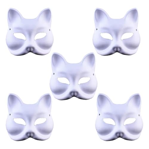 Helweet Weiße Katzenmaske, Cat Mask, Masken zum Bemalen, 5 Stück Leere Maske, Blank Gesichtsmaske, Pappmaché-Masken, Geeignet für Maskeraden, Bastelkurse, Singles Partys, Aufführungen, Karneval von HSLPSM