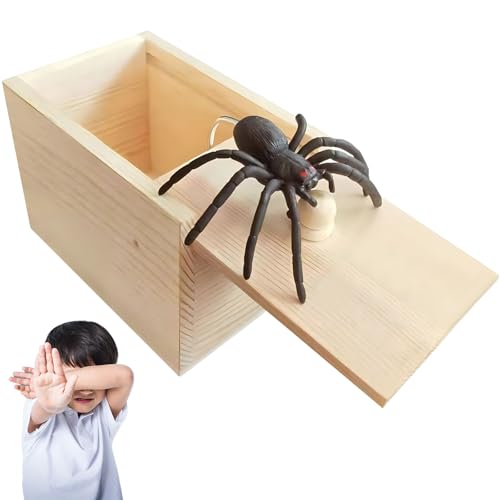 HSLPSM Spinne In Box, Prank, Spinnen Spielzeug Box Holz, Spinnen Prank Box, Scherzartikel für Halloween Streich, Plastik Schwarze Realistische, für Erwachsene Kinder Springendes Geschenkboxen von HSLPSM