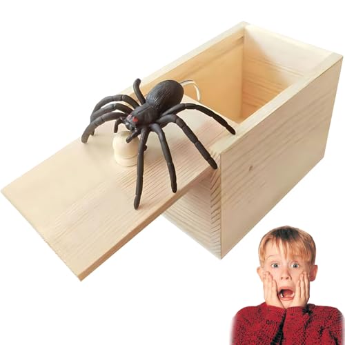 HSLPSM Spinne In Box, Prank, Spinnen Spielzeug Box Holz, Spinnen Prank Box, Scherzartikel für Halloween Streich, Plastik Schwarze Realistische, für Erwachsene Kinder Springendes Geschenkboxen von HSLPSM