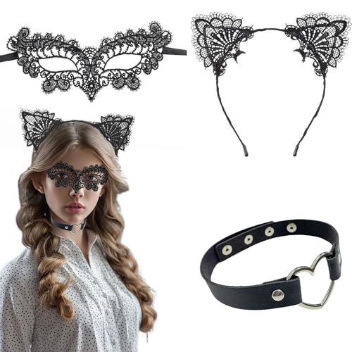 HSLPSM Spitzen-Maskenmaske für Frauen, schwarze Maskerade-Maske, Katzenohren-Stirnband mit Herz-Choker für Catwoman Cosplay Halloween Dekor Karneval von HSLPSM