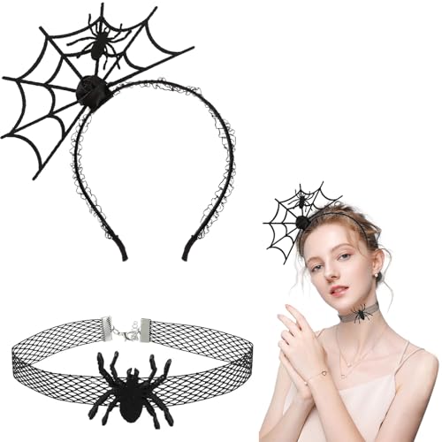 Halloween Spinnen Stirnband Halsketten Set, Spinnennetz Kopfschmuck Halskette, Schwarz Spitze Spinne Choker Setr Horror Hexe Spinne Haarschmuck Kragen Damen Cosplay Maskerade Karneval Kostüm Zubehör von HSLPSM