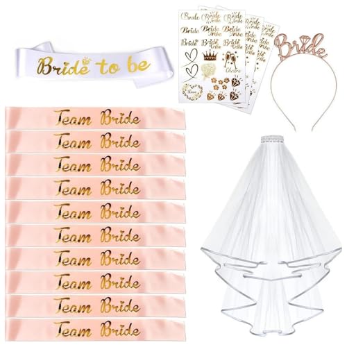 HSTWODE 1 Satz Junggesellenabschied Frauen Satz, (1 Bride to be schärpe + 10 Team Bride schärpe + 2/3 Bride Tattoos + 1 Schleier + 1 Braut Tiara), Poltern Frauen, Schärpe Accessoires Frauen (Satz 2) von HSTWODE