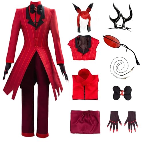 HSZSSMW Alastor Hazbin Hotel Cosplay-Kostüm mit Perücke, Brille, rotes Set, Halloween Alastor Cosplay Komplettset (Rot+Perücke, 2XL) von HSZSSMW