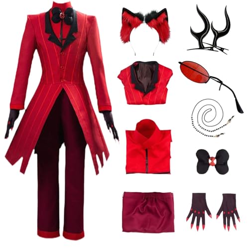 HSZSSMW Alastor Hazbin Hotel Cosplay-Kostüm mit Perücke, Brille, rotes Set, Halloween Alastor Cosplay Komplettset (Rot, 2XL) von HSZSSMW