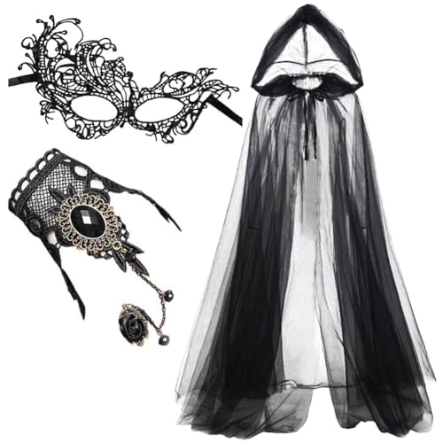 3er Schwarzer Umhang mit Kapuze Set,170cm Halloween Umhang Samt mit SpitzeMaske & Gothic Finger Kette Vampir Umhang Damen Darth Vader Mittelalter Cape Vampire Kostüm für Karneval Fasching Partys 3er Schwarzer Umhang mit Kapuze Set,170cm Halloween Umhang Samt mit SpitzeMaske & Gothic Finger Kette Vampir Umhang Damen Darth Vader Mittelalter Cape Vampire Kostüm für Karneval Fasching Partys von HTGWCG