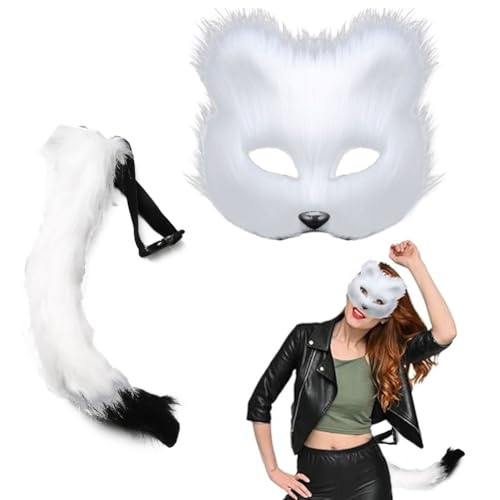 HTGWCG Fuchsmasken Weiße Halbgesichts mit Kitten Webpelz Maskerade, Plüschfuchsmaske, Tierkostümzubehör, Fuchsmaske Halloween- Cosplay- Maske Frauen, für Party, Tiermaske, Cosplay von HTGWCG