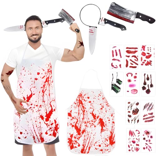 Metzger Kostüm Halloween, Metzger Kostüm Herren & Damen, Blutige Schürze Haarschmuck mit Messer Halloween Axt Im Kopf und 10 Stück Narben Tattoos, Zombie Fasching Karneval Dekoration Metzger Kostüm Halloween, Metzger Kostüm Herren & Damen, Blutige Schürze Haarschmuck mit Messer Halloween Axt Im Kopf und 10 Stück Narben Tattoos, Zombie Fasching Karneval Dekoration von HTGWCG