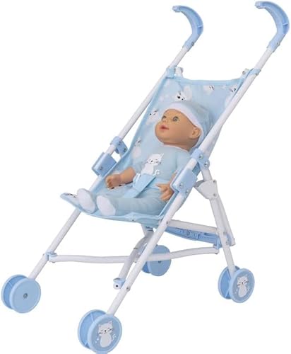 BabyBoo Kitty Kinderwagen | Spielzeugpuppen Buggy in Blau mit Katzen | Baby Doll Kinderwagen | Kinder Baby Puppe Kinderwagen Spielzeug Regenschirm Falten Kinderwagen | Rollenspiel Spielzeug Puppen Bug von HTI