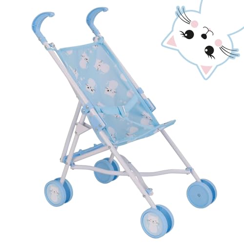 BabyBoo Kitty Kinderwagen | Spielzeugpuppen Buggy in Blau mit Katzen | Baby Doll Kinderwagen | Kinder Baby Puppe Kinderwagen Spielzeug Regenschirm Falten Kinderwagen | Rollenspiel Spielzeug Puppen Bug von HTI