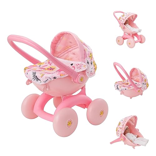 Babyboo 4-in-1 Puppenwagen Pink mit Dschungel-Muster | Kinderwagen, Buggy, Sitz & Zubehör für Puppen | Perfekter erster Puppenwagen ab 18 Monaten. von HTI