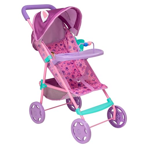 Gabby's Dollhouse Puppenwagen Pink & Lila | Mit abnehmbarem Spieltablett | Kinderwagen Spielzeug für Puppen | Klappbarer Buggy für Rollenspiele | Puppenwagen für Kinder ab 3 Jahren. von HTI