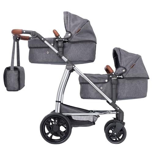 HTI Premium Celuna Total Zwillingskinderwagen | Kinderwagen, Buggy, Buggysystem mit 9 Spielmustern | Doppelpuppenwagen mit passender Wickeltasche, höhenverstellbarem Griff und mehreren Sitzoptionen von HTI