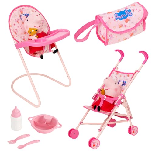 Peppa Pig Kinderzimmer-Set | 7-teiliges Kinderzimmer-Spielset | Dolly Hochstuhl, Peppa Pig Einzelkinderwagen, wiederverwendbares Besteckset & Wickeltasche/Matte | Kinderwagen, Kinderwagen und von HTI