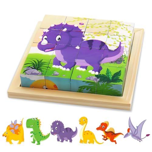 Montessori 3D-Holz-Puzzle, Pädagogisches Holzpuzzle für 1-jährige Kinder, sicher kreativitätsfördernd, Endloser Spiel- und Lernspaß für Kleinkinder (Dino) von HTRTRR