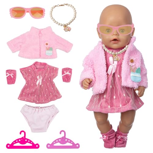 HTTDSLF Kleidung Bekleidung Outfits für Baby Puppen, Puppenkleidung 35-43 cm, 8 teilig Kleid Mantel Socke Halskette Brille Unterwäsche mit 2 Kleiderbügel, Geschenke für Mädchen, Rosa von HTTDSLF