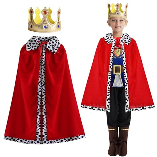 HTTDSLF Prinz König Umhang Kinder, 2er König Kostüm für Kinder, Königsmantel mit Krone, Prinz König Königin Cosplay für Junge Mädchen Halloween Karneval Mottoparty Fasching, 90cm von HTTDSLF