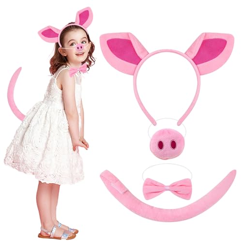 HTTDSLF Schwein Kostüm Set, Schweine Kostüm Set, Tierkostüm Set, Tier Kostüm Kinder, Verkleidung Kinder Tiere, Schwein Kostüm Kinder mit Ohren, Nasen, Schwanz, Fliege, für Karneval, Halloween von HTTDSLF