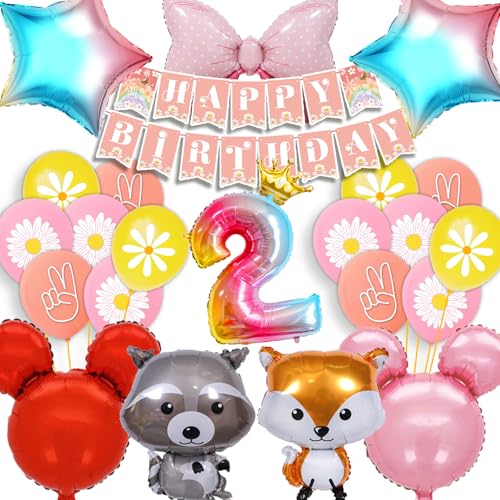 HTTMTTS Mini Mouse Geburtstag Deko 2 Jahre, Rosa Mini Maus Geburtstagsdeko Luftballon Set für Mädchen 2 Jahre, Cartoon Deko Geburtstag mit Banner Zahlenballon (Mini Mouse Geburtstagsdeko 2 Jahre) von HTTMTTS