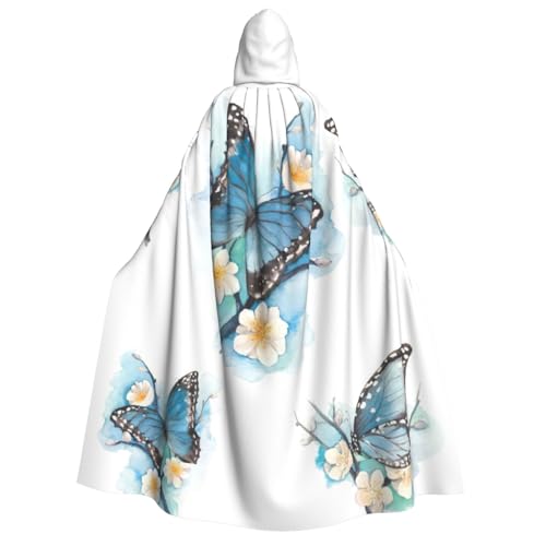 Blauer Schmetterling auf Blüte Blumendruck Unisex Kapuzenumhang Halloween Karneval Vampir Cosplay Umhang Kapuzenumhang Kostüm von HTTUP