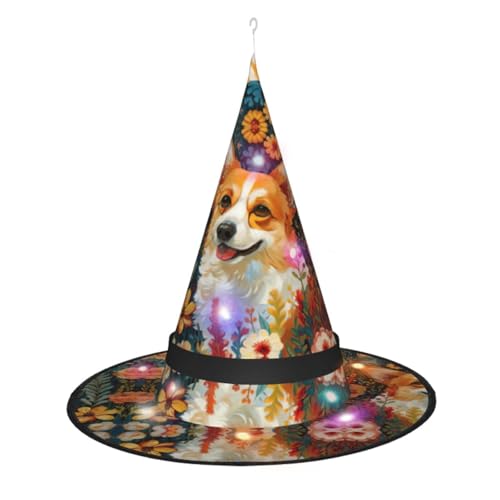 HTTUP Corgi Hexenhut mit Blumenmuster, Frühlingsgarten-Druck, Halloween, Hexenhut, geeignet für Halloween, Kostüme, Weihnachtsdekoration von HTTUP