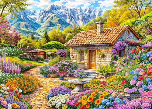 HUADADA 1000 Teile Puzzles für Erwachsene – buntes Blumenhaus in den Bergen – lebendige Ansichten – Puzzles für Erwachsene und Kinder, 1000 Teile, Lernspiele, bunte Puzzles für Heimdekoration von HUADADA