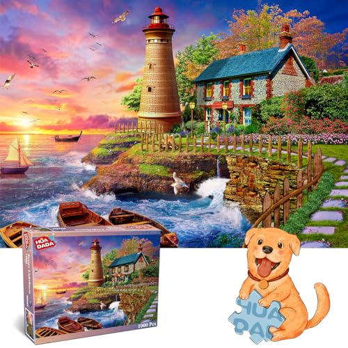 HUADADA Puzzle 1000 Teile, Puzzle für Erwachsene, Impossible Puzzle, Puzzle-Geschenk, Geschicklichkeitsspiel für die ganze Familie,Puzzle Farbenfrohes, Leuchtturm am Meer von HUADADA