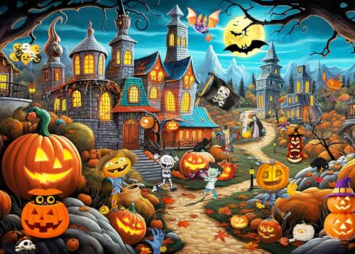 Halloween-Puzzle für Erwachsene, 1000 Teile, Herbst-Kürbis-Schloss, Horror-Spukhaus-Puzzle, Puzzle für Erwachsene und Kinder, 1000 Teile, Lernspiele, bunte Puzzles für Heimdekoration von HUADADA