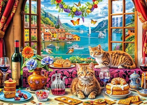Puzzle 1000 Teile für Erwachsene,Puzzle klassisches Lernspiel-Glückliche Katze und schöne Aussicht aus dem Fenster-Wunderschönes Dekoration Geschenke Puzzle 1000 Teile für Erwachsene,Puzzle klassisches Lernspiel-Glückliche Katze und schöne Aussicht aus dem Fenster-Wunderschönes Dekoration Geschenke von HUADADA