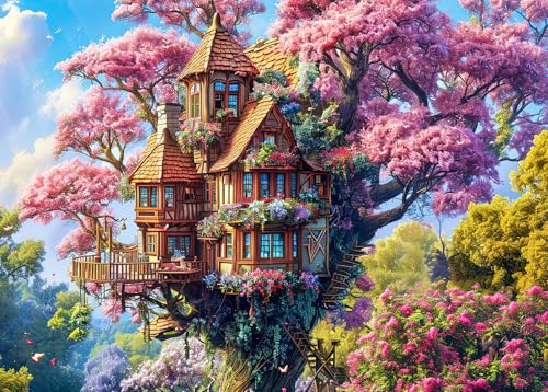 Puzzle für Erwachsene 1000 Teile Puzzle für Erwachsene 1000 Teile Puzzle 1000 Teile - Skurriles Baumhaus und Blumen von HUADADA