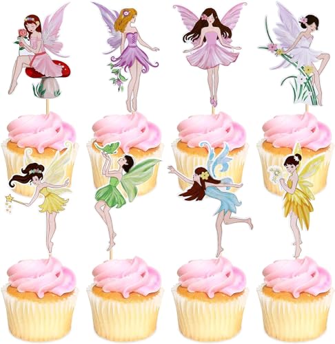 Pappbecher Cupcake Toppers Fee, Tortenaufleger Fee Cake Topper, 24 Stück Fairy Kuchen Topper Blume Fee Kuchen Dekoration, tortendekoration, Kuchendeko, Mädchen für Geburtstag Party von HUAIZAN