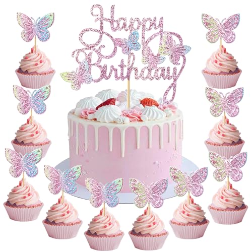 Schmetterling Tortendeko Schmetterlinge, 13 Stück Schmetterlinge Deko Torte, Happy Birthday Cake Topper, Kuchen Deko Schmetterlinge Deko Geburtstag Mädchen, für Themen Party, Geburtstag Deko (B) von HUAIZAN