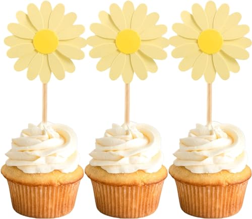 Tortendeko Gänseblümchen Cupcake Toppers, 24 Stücke Tortendeko Blumen Deko Torte, Kuchen Deko Blumen Cake Topper, Kuchen Topper, Tortenaufleger Gänseblümchen Deko Geburtstag Party (Gelb) von HUAIZAN