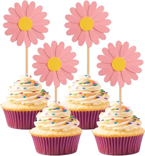 Tortendeko Gänseblümchen Cupcake Toppers, 24 Stücke Tortendeko Blumen Deko Torte, Kuchen Deko Blumen Cake Topper, Kuchen Topper, Tortenaufleger Gänseblümchen Deko Geburtstag Party (Rosa) von HUAIZAN