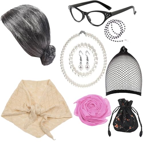 HUAJINGKEJI Cosplay-Kostüm-Set für alte Dame, Oma, Perücke, Brille, Halskette, Schal, Kostümzubehör für Halloween, Maskerade, Party-Requisiten von HUAJINGKEJI