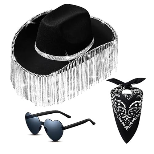 HUAJINGKEJI Cowboyhut, 3-teiliges Set mit Herz-Sonnenbrille, Kopftuch und Cowboyhut, Sonnenschutz, Brauthut mit Quasten-Dekor von HUAJINGKEJI