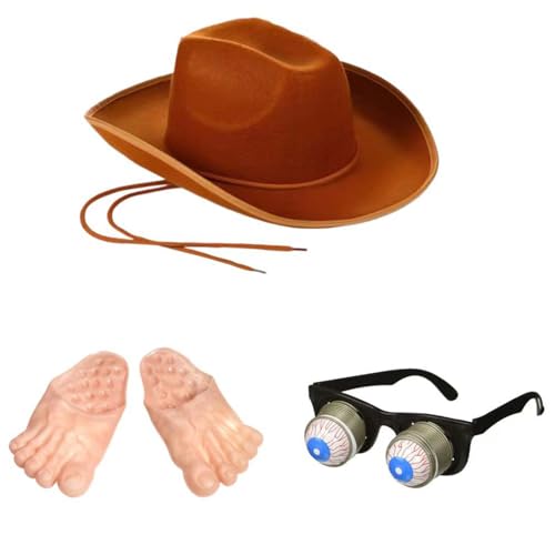 HUAJINGKEJI Cowboyhut, Spoof-Kostüm-Set, Western-Kostüm, breite Krempe, Poppingout-Augapfel für Erwachsene, AprilFools, Party-Outfit, 3-teilig von HUAJINGKEJI