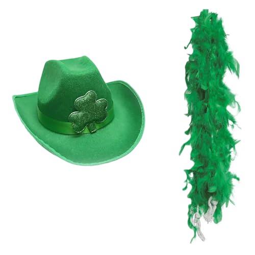 HUAJINGKEJI Cowboyhut, StPatrick Day, Feier, grüner Hut, Festival, Motto-Party, Samt, Hut, Kleeblatt, Zylinderhut, Schal, irisches Zubehör von HUAJINGKEJI