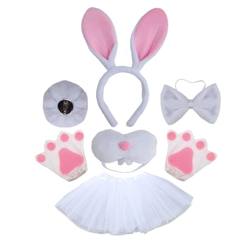 HUAJINGKEJI Hasen-Kostüm-Set, Ohren, Schwanz, Fliege, Handschuh, Tutus, Tier-Kostüm, Zubehör für Kinder, Halloween, Cosplays, Requisiten von HUAJINGKEJI