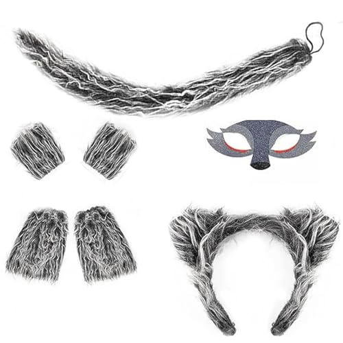 HUAJINGKEJI Wolfskostüm-Set für Kinder, mit eleganten Stirnbändern und Schwanz, Dschungeltier-Kostüm, für Halloween, Partyzubehör, Dekoration von HUAJINGKEJI