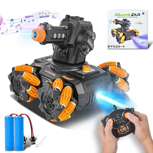 HUAQIN Ferngesteuertes Auto, RC Panzer, 4WD RC Panzer 2,4 GHz mit LED-Licht, Sprühen Sie Musik, um 360 ° drehbar, Spielzeug-Geschenk, RC ferngesteuertes Auto für Kinder ab 8 Jahren (Orange) von HUAQIN