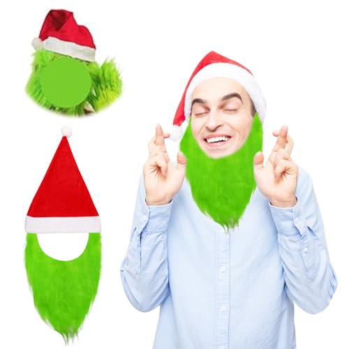 HUARYEN Grinch Grün Bart Grinch Kostüm Zubehör Weihnachtsmütze und Bart Monster Maske Grün Bart Grin-ch Weihnachtsmütze für Weihnachten Karneval Weihnachtsfeier,Karneval,Cosplay von HUARYEN