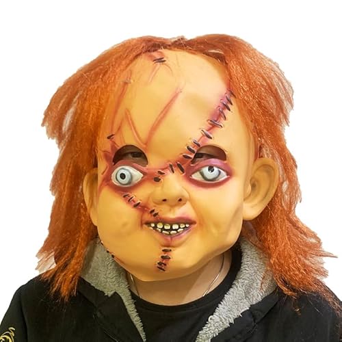 HUCAYD Creepy Chuckys Maske Vollkopfmaske mit Haarschrei, realistische Cosplay-Maske, Halloween-Kills-Maske für Erwachsene und Kinder von HUCAYD