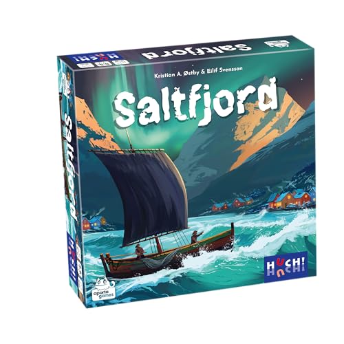 HUCH!, SALTFJORD, Gesellschaftsspiele, Strategisches Fischerdorf-Abenteuer mit innovativem Würfelmechanismus, Ideal für spannende Spielabende, Für 1–4 Spieler ab 14 Jahren von HUCH!